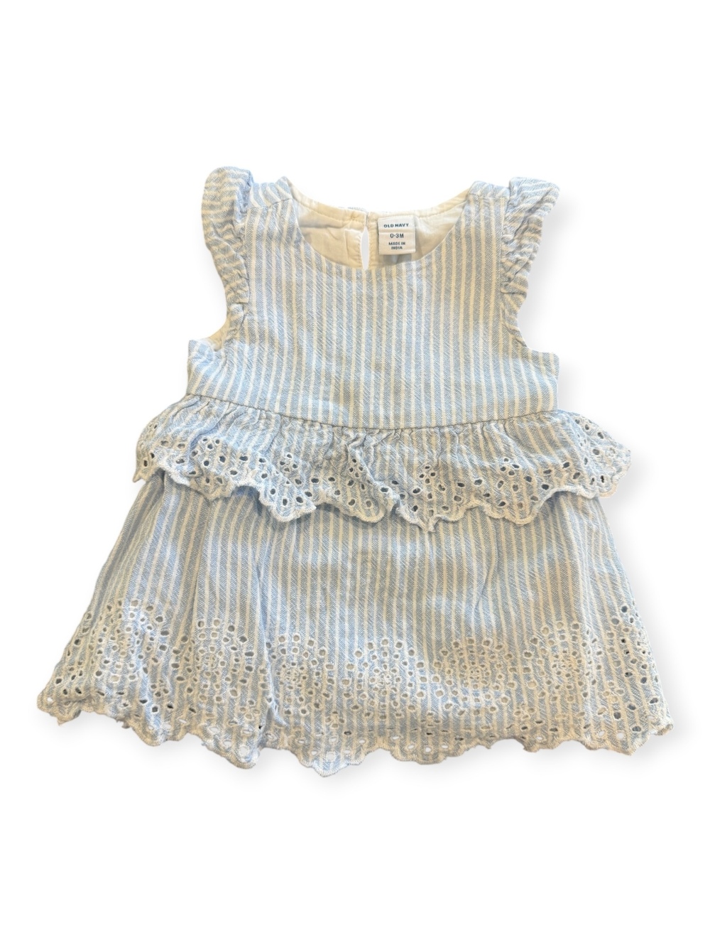 Old Navy Baby Dress 0-3 Months Light Blue and White Striped w/Eyelet Lace Trim